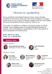 CELEBRATE INTERNATIONAL WOMEN’S DAY WITH FRANCE CANADA CHAMBER OF COMMERCE – WOMEN IN LEADERSHIP – MARCH 8TH, 2021
