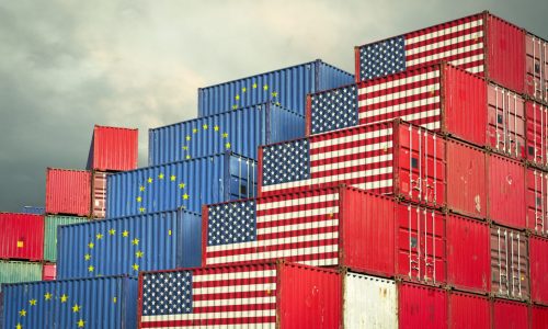 European Union and United States cargo containers reflecting trade war and restrictions in export and import